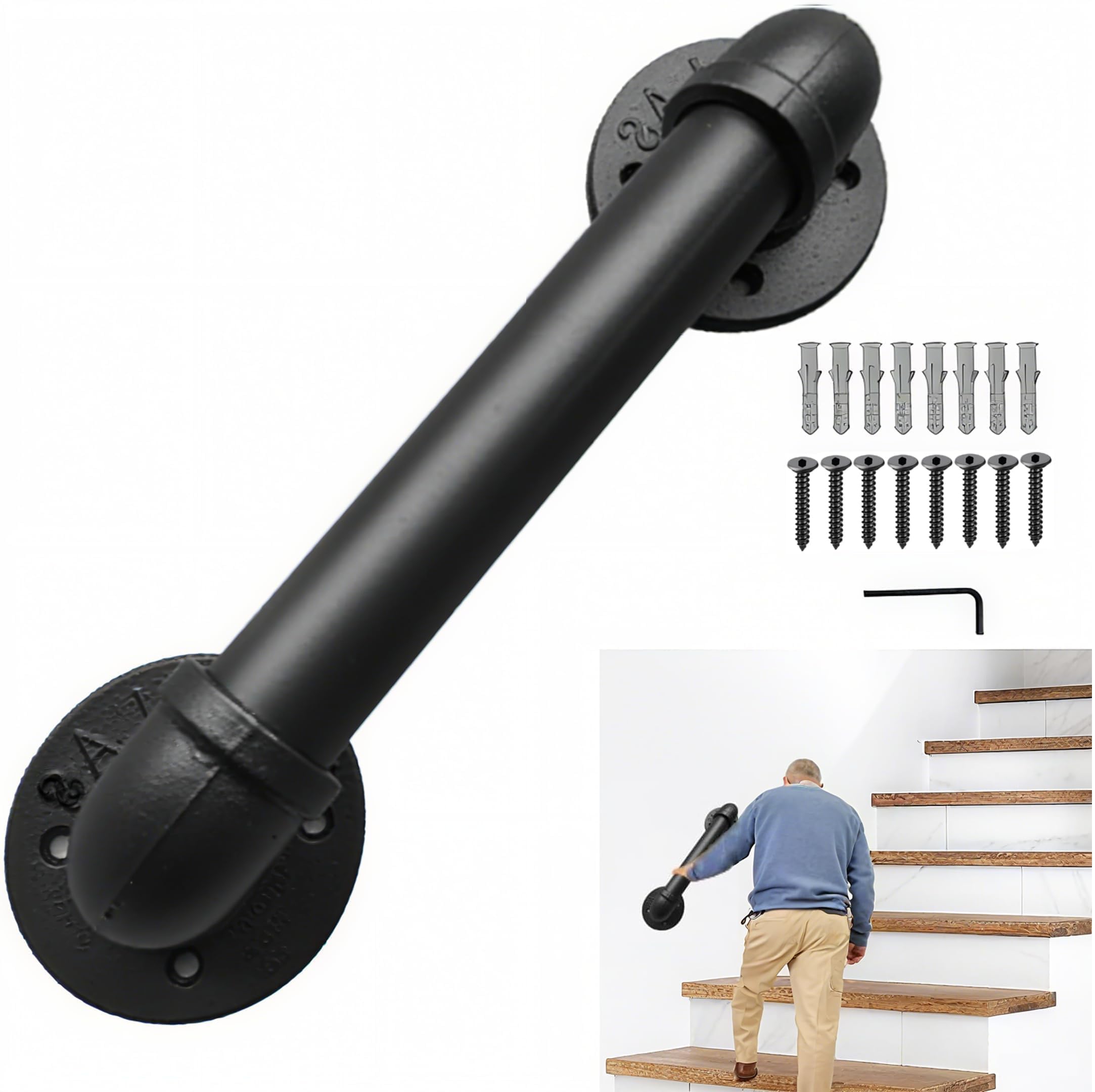 Lechansen Handrail for Staircase, 30cm Black Cover Metal Pipe Steps Grab Bars Hand Rail for Indoor & Outdoor Stairs, Wall Mount Matte Banister Rustic Anti-Slip for Bathroom, Diameter 3.2cm