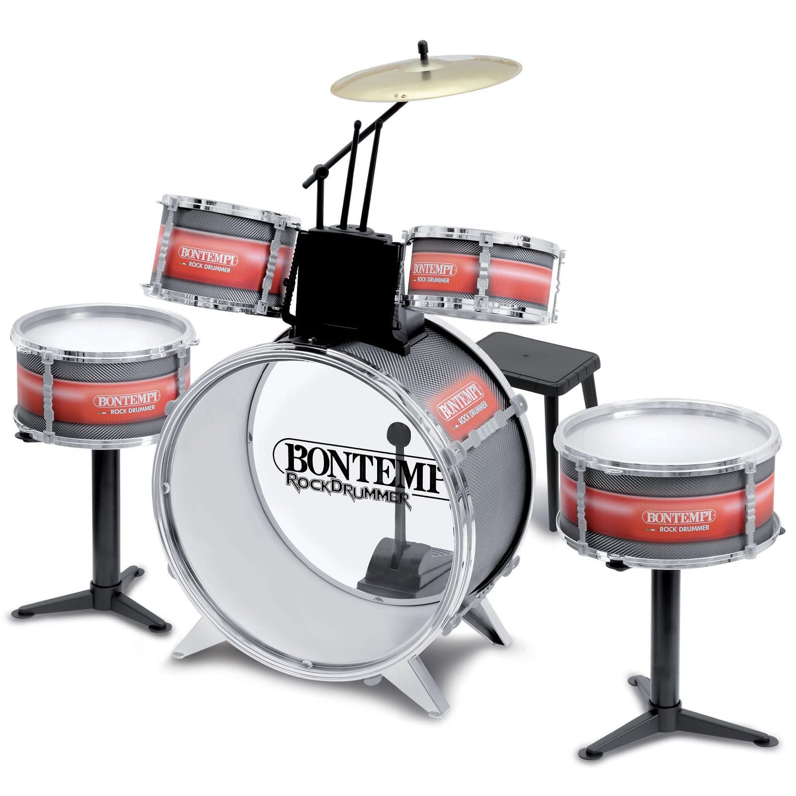 Bontempi 51 4830 6 Pieces Metallic Silver Drum Set with Stool, Multi-Color