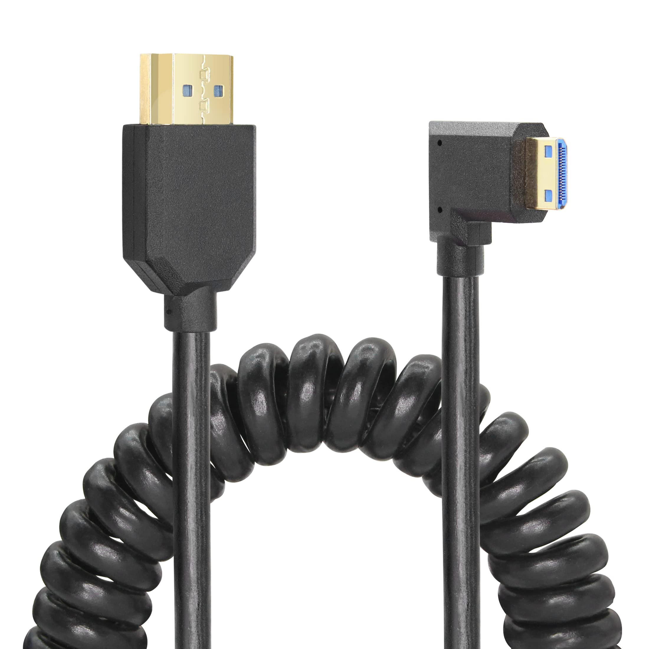 YACSEJAO Coiled HDMI Cable Right Angled 8K 48Gbps HDMI 2.1 Mini HDMI to HDMI Male Telescopic cable High Speed (RIGHT)
