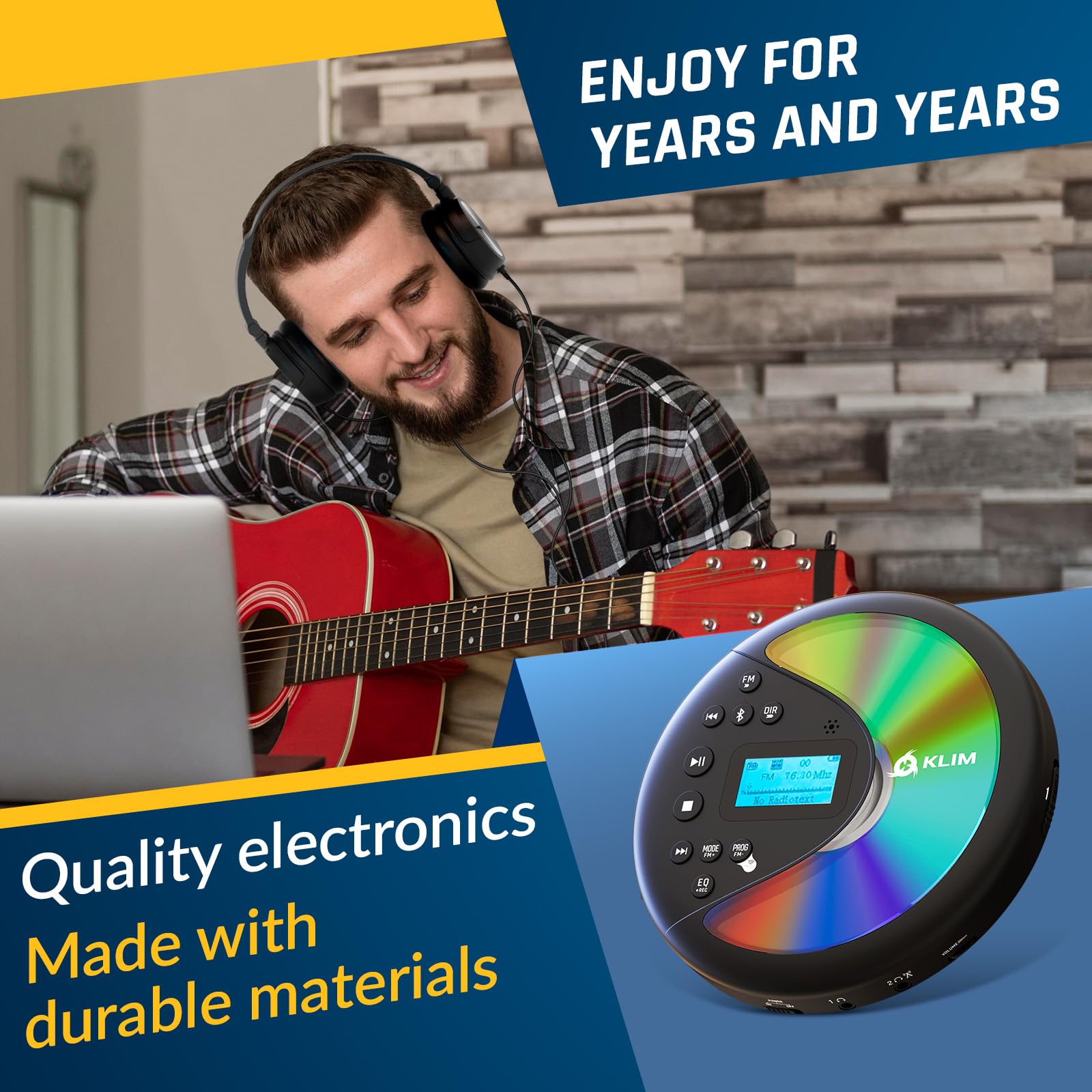 KLIM Discover with Headphones - Portable CD Player Walkman with Long-Lasting Battery - New - Radio FM - Compatible MP3 CD Player Portable - SD Card, FM Transmitter, Bluetooth - Ideal for Cars