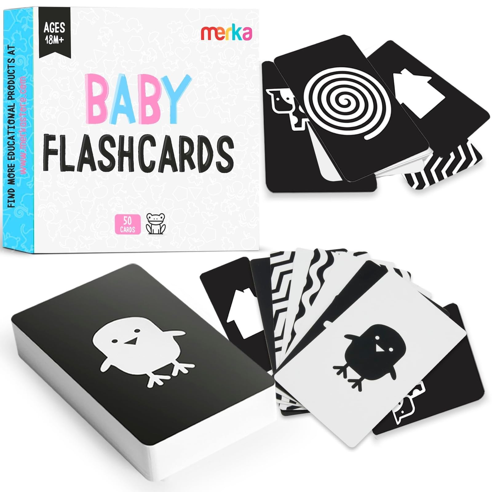 Merka Newborn Toys - Black & White High Contrast Toys for Newborns - Set of 50 Flash Cards for Visual Stimulation & Brain/Sensory Development