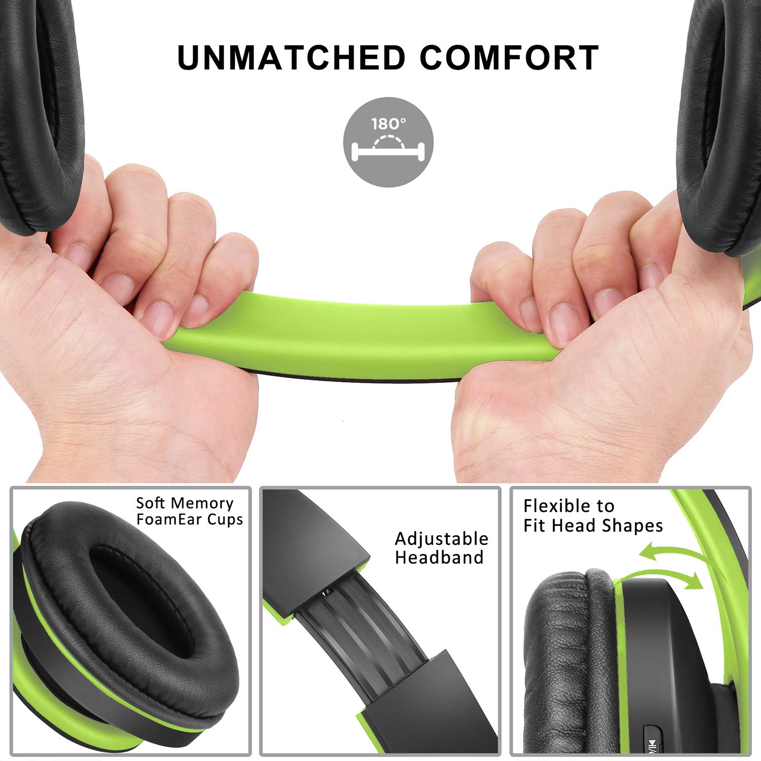 Bluetooth Headphones Over-Ear, Zihnic Foldable Wireless and Wired Stereo Headset Micro SD/TF, FM for Cell Phone,PC,Soft Earmuffs &Light Weight for Prolonged Waring(Black/Green)