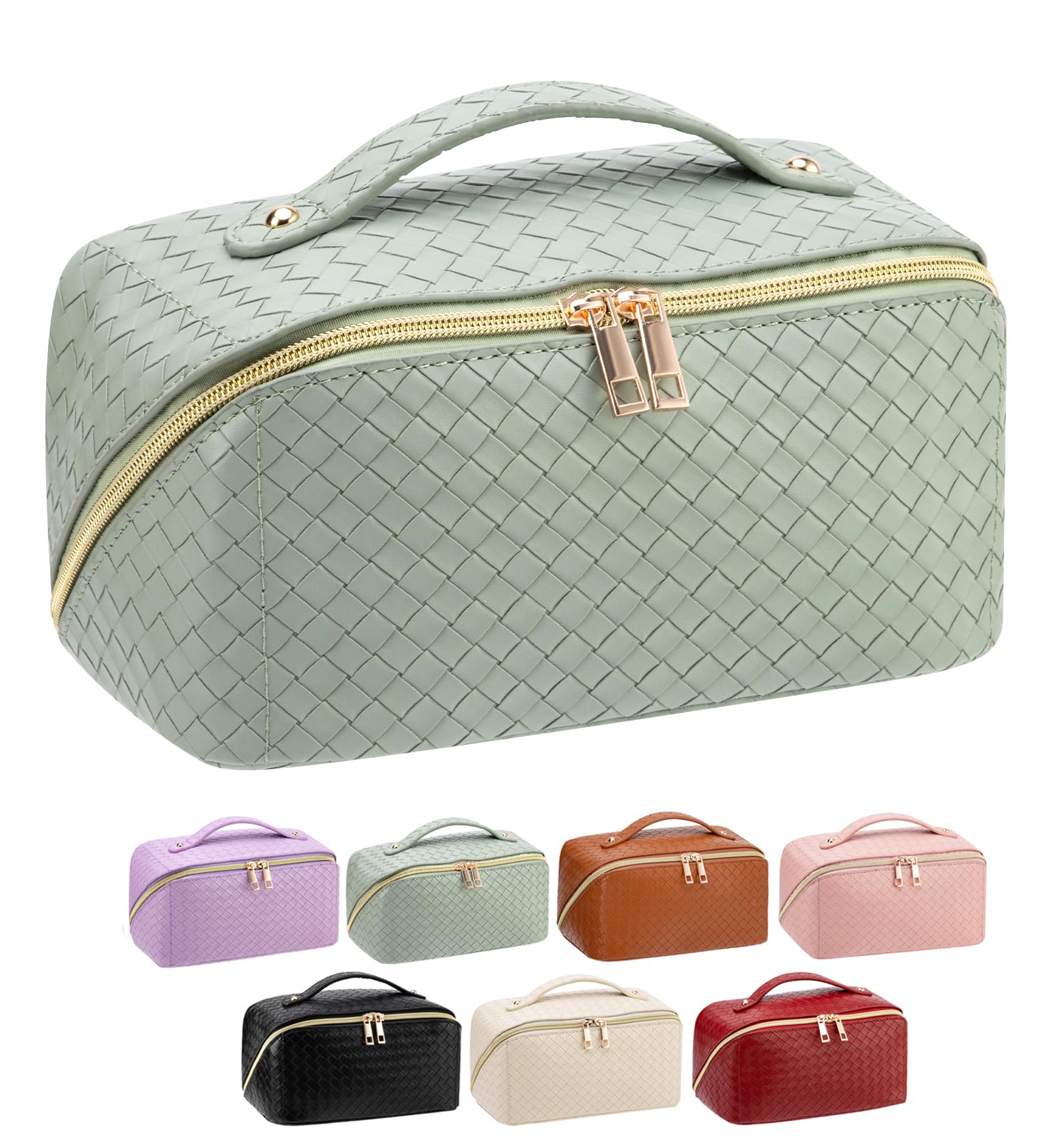 Photo 1 of VERNASSA Large Capacity Travel Makeup Bag for Women, Waterproof Portable Cosmetic Bag with Compartments, Foldable Flat Lay Design for Easy Access, Perfect for Toiletries & Beauty Essentials (Green)