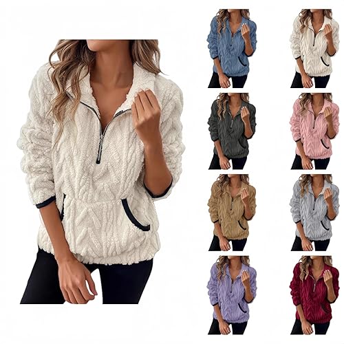 Autumn Sweaters Women, Quarter Zip Winter Teddy Fleece Sweatshirt with Pockets, Soft and Warm Long Sleeve Tops, Fuzzy Teddy Oversized Jumper for Winter