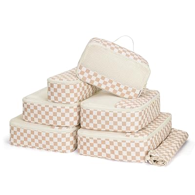 Narwey 7 Set Checkered Packing Cubes for Travel Carry on Suitcase Luggage Organizer Bags for Kids Women Men, Durable Packing Organizers Bag, Travel Essentials Accessories (Light Checkerboard)