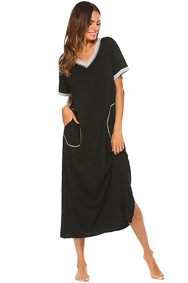 ADOME Nachthemd Damen Lang Nachtwäsche Pyjama Kleid Sommer V-Ausschnitt Kurzarm Schwangere Kleid Casual mit Tasche