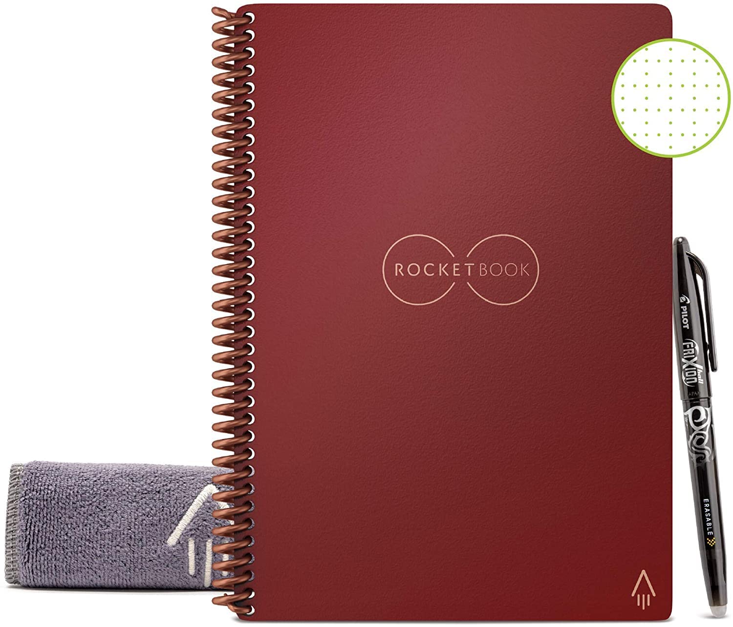 Rocketbook Reusable Digital Notebook - Smart Notepad A5 Red - Wirebound Note Book To Do List Pad, Dotted Paper with Frixion Erasable Pen and Wipe, Office Gadget App Reduce Paper Waste