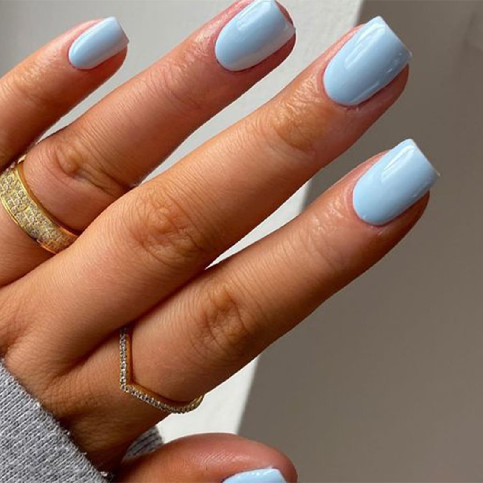 Modelones 32Pcs Baby Blue Press on Nails, Upgrade Short Square Fake Nails, Reusable Nail Kit with Nail Glue Adhesive Tabs Mini Nail File, Nails Press Ons 16 Sizes