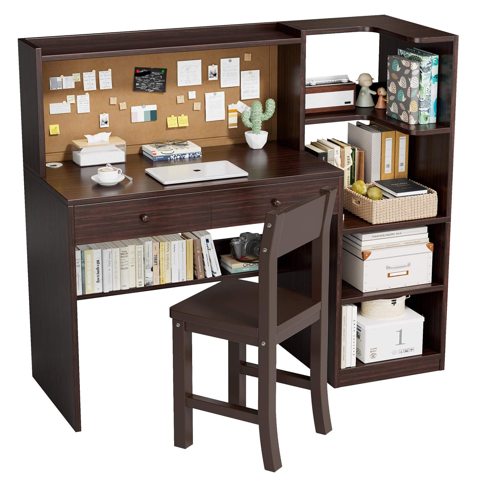 Photo 1 of RUPOLX Wooden Espresso Kids Study Desk and Chair Set, 2 Drawers and 2 Storage Cabinets, Children Desk with Hutch and Bookshelf, Girls Study Desk for Kids Bedroom