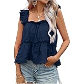 SOLY HUX Women's Summer Square Neck Ruffle Smocked Tank Top Vacation Beach Sleeveless Shirts