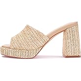 Monrovia Raffia Heeled Sandals for Women，Platform Wedge Slip On Block Heel, Dressy Summer Open Toe Chunky High Heel Vacation Beach Slides Sandals