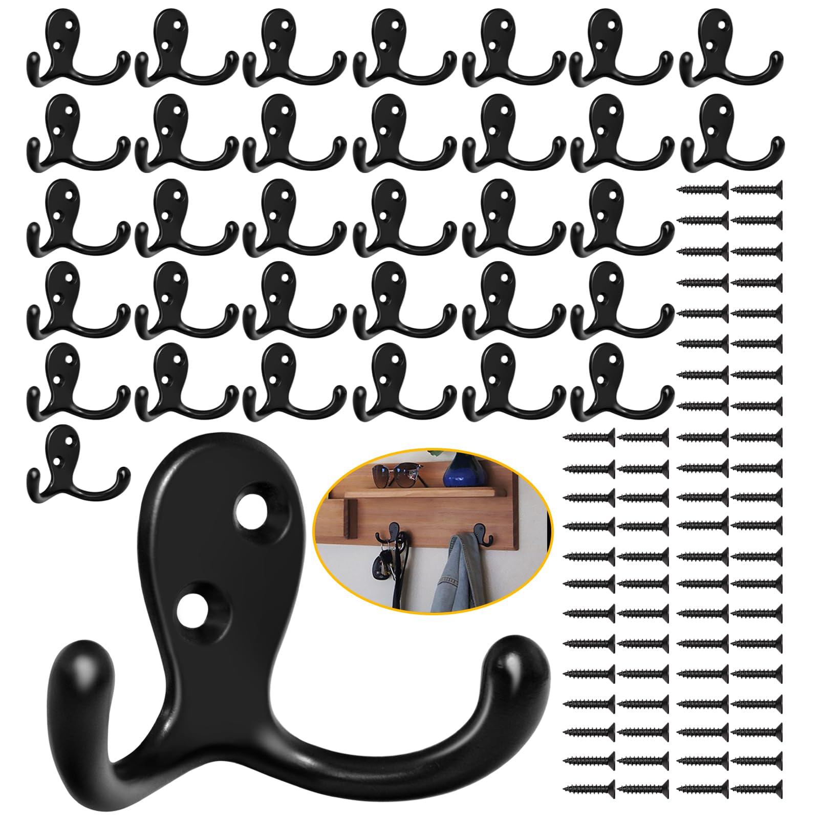 Homanu 34 Pack Coat Hooks, Heavy Duty Double Prong Coat Hooks Wall Mounted with 68 Screws, No Rust Black Metal Wall Hooks for Hanging Towel, Coat, Bag, Hat, Cup, Key
