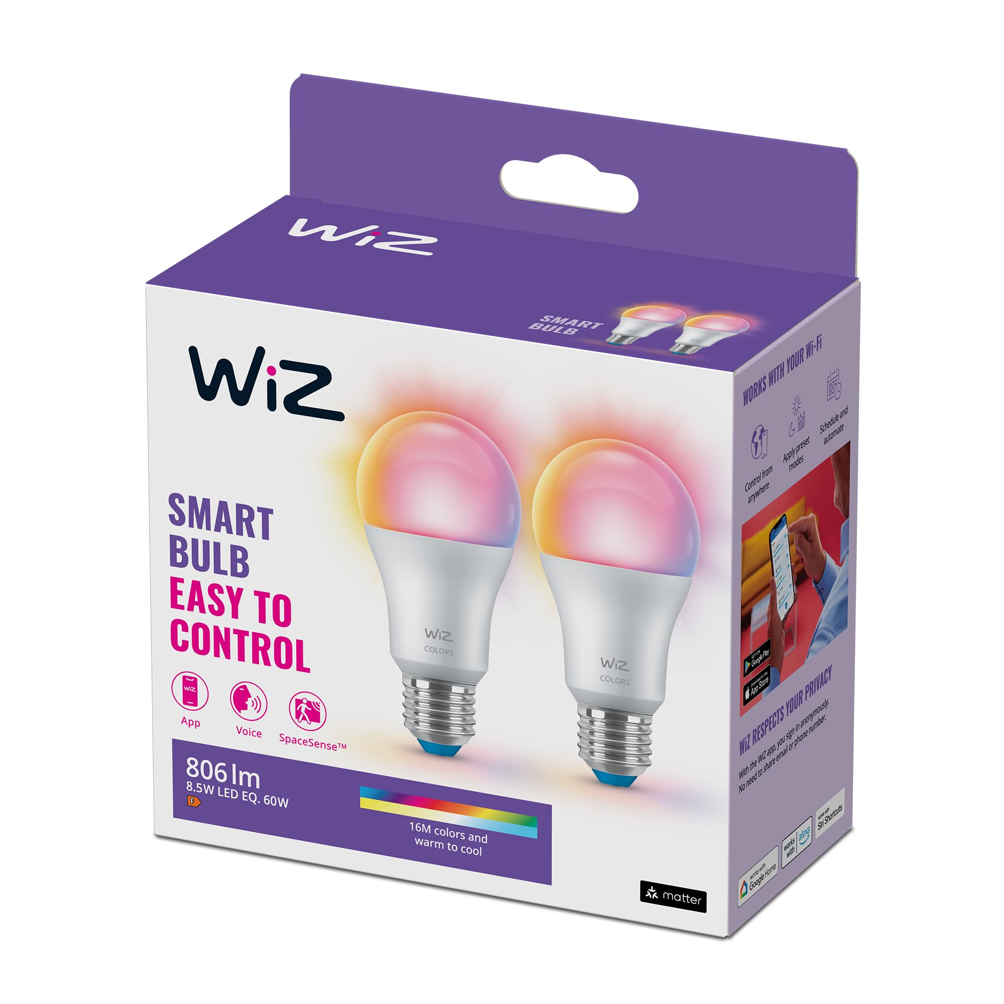 WiZ Smart Colour Bulb, E27, 8.5W, Tunable, Motion Sensor with App, Connected WiFi Works with Alexa, Google Assistant & HomeKit, App Control for Home Indoor Lighting, Bedroom, 2Pack — image 1