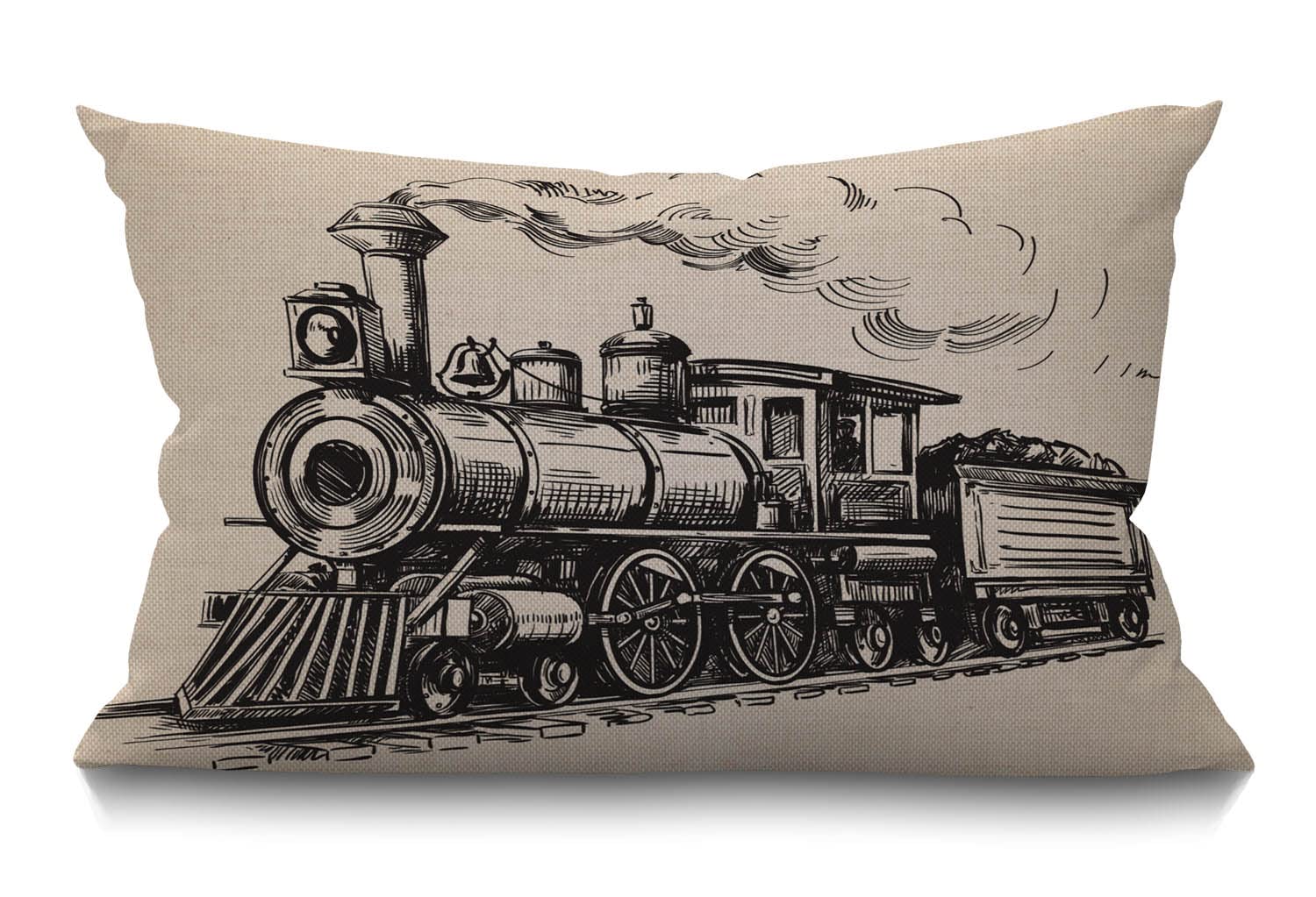 Train Cushion Cover 12x20 Inch Vintage Train Country Locomotive Wooden Wagons Rail Road Smoke Rectangle Pillow Cases Home Decorative Cotton Linen Throw Pillow Cover for Bed Sofa Beige 30 x 50 cm