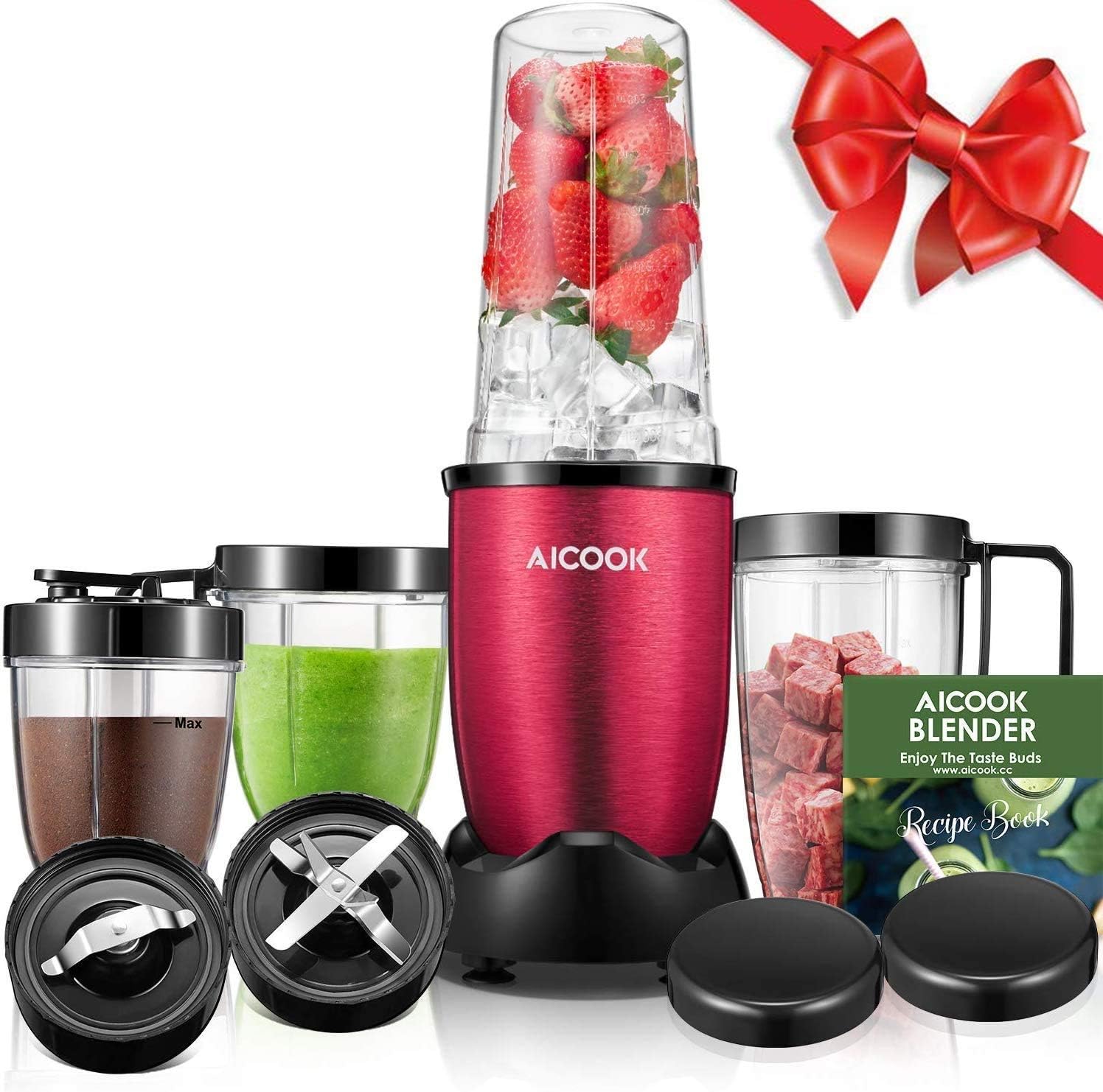 Blender, Aicook Smoothie Blender for Shakes and Smoothies, 780W High-Speed Personal Blender, 15-Piece Smoothie Maker/Mixer Included 4-Piece BPA-Free Blender Bottles, Hardcover Recipe Book, Red