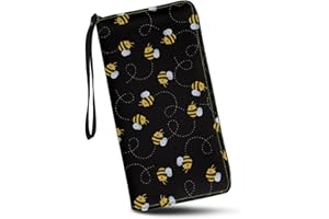 Coldinair Cute Honey Bee Print Black Wallets for Women PU Leather RFID Blocking Zip Around Credit Card Holder Cell Phone Wristlet Clutch Purse