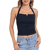 HDE Women's Halter Top with Built in Bra Ruched Backless Basic Summer Tops