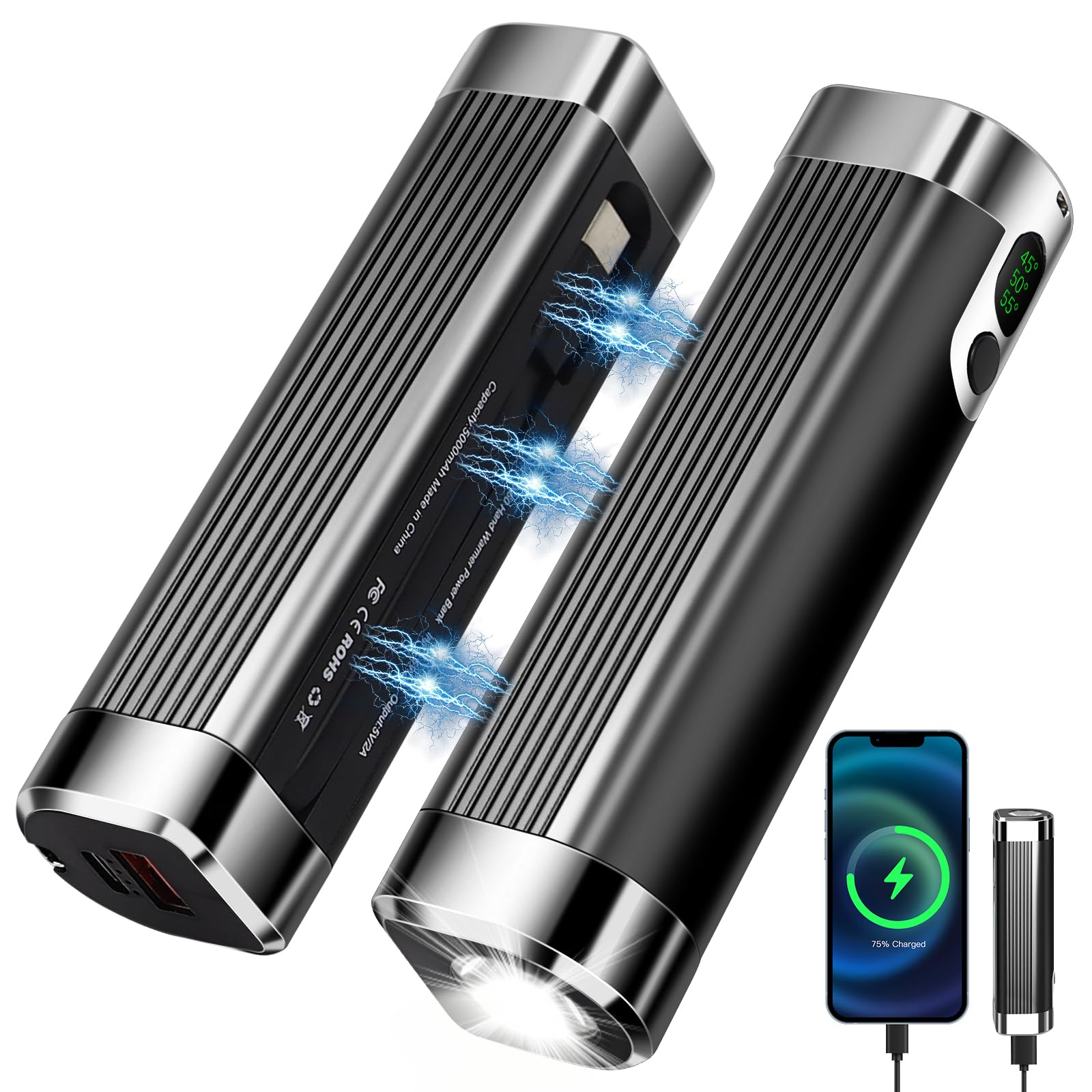 Hand Warmers Rechargeable 2 Pack,Upgrade 10000mAh 3 in1Magnetic Hand Warmer,Portable USB&Long Lasting Quickly Pocket Heating Handwarmer for Outdoor Activities Gift For Women Men-Black