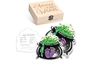 RATTANVIEW 50 Pcs Double Side Halloween Baby Shower Party Advice and Prediction Cards Game a Baby Is Brewing Gender Neutral Party Decor with Wooden Keepsake Box Purple Wizard Brewing Shower Game Cards