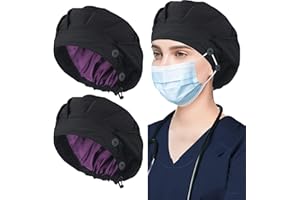 ABAMERICA 2 Pack Bouffant Caps with Button and Sweatband, Adjustable Scrub Caps for Women Men, One Size Multi Color