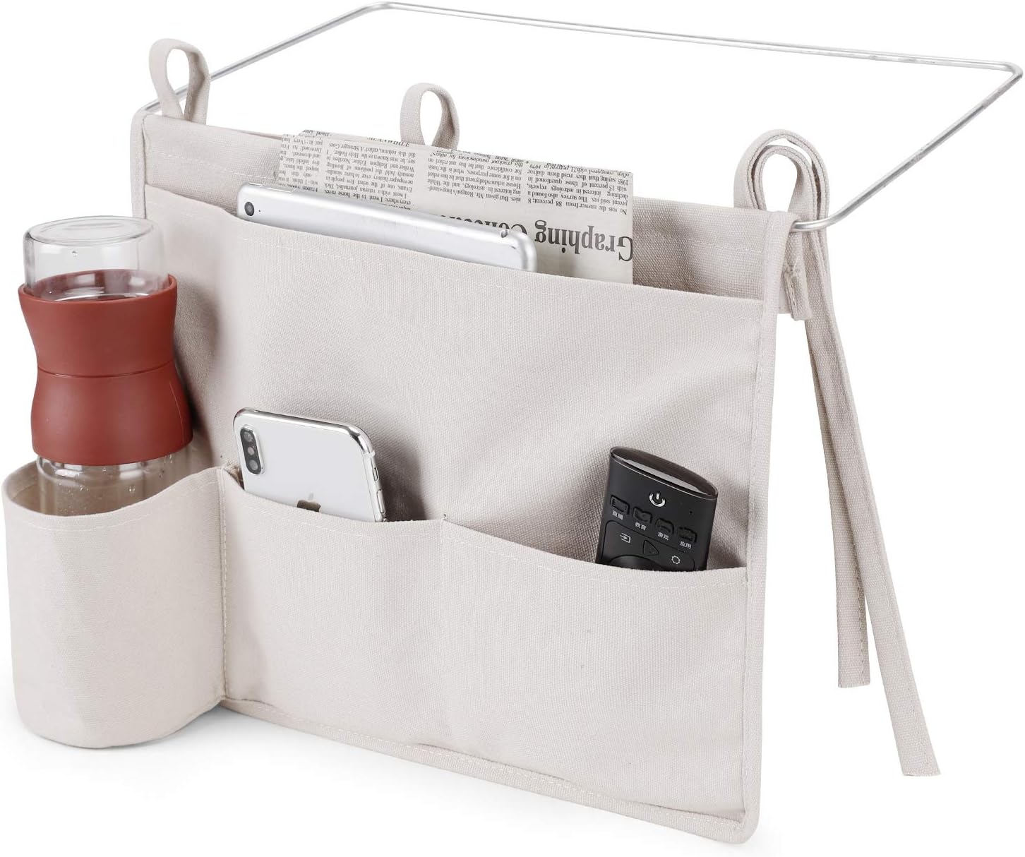 Wanapure Beside Caddy, Cotton Canvas 4 Pockets Bedside Hanging Storage Organizer Bag for Holding Water Bottles, 13” Laptop, Remote Control, Phone, Magazines for Bed Rails, Bunk Beds, Apartment, Gray