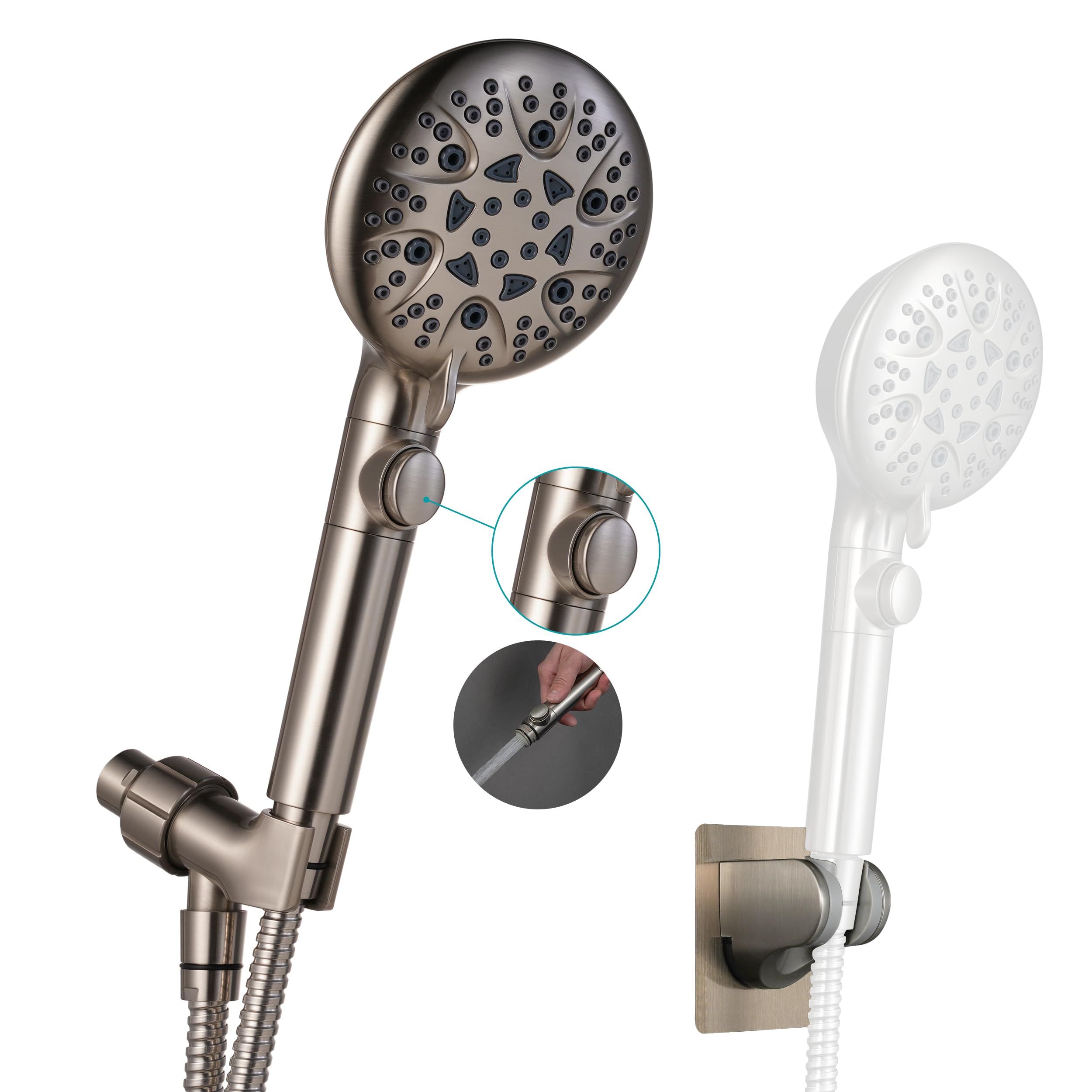 Photo 1 of GwernKB Brushed Nickel Shower Heads Handheld with On Off Switch,8-Mode High Pressure Shower Wand with 79In Stainless Steel Hose&Bracket PLUS Low-Reach Adhesive Wall Mount Holder for Kids&Elderly