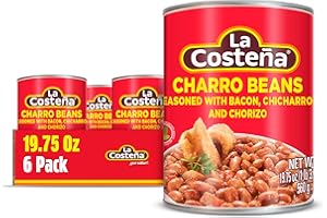 La Costeña Charro Beans - Ready-to-Eat Canned Pinto Beans with Chorizo, Bacon & Chicharrones - Mexican Food, Tex Mex, Chili Ingredients, Bean Dip, Bean Burger & Burrito - 19.75oz, 6 Pack Canned Food