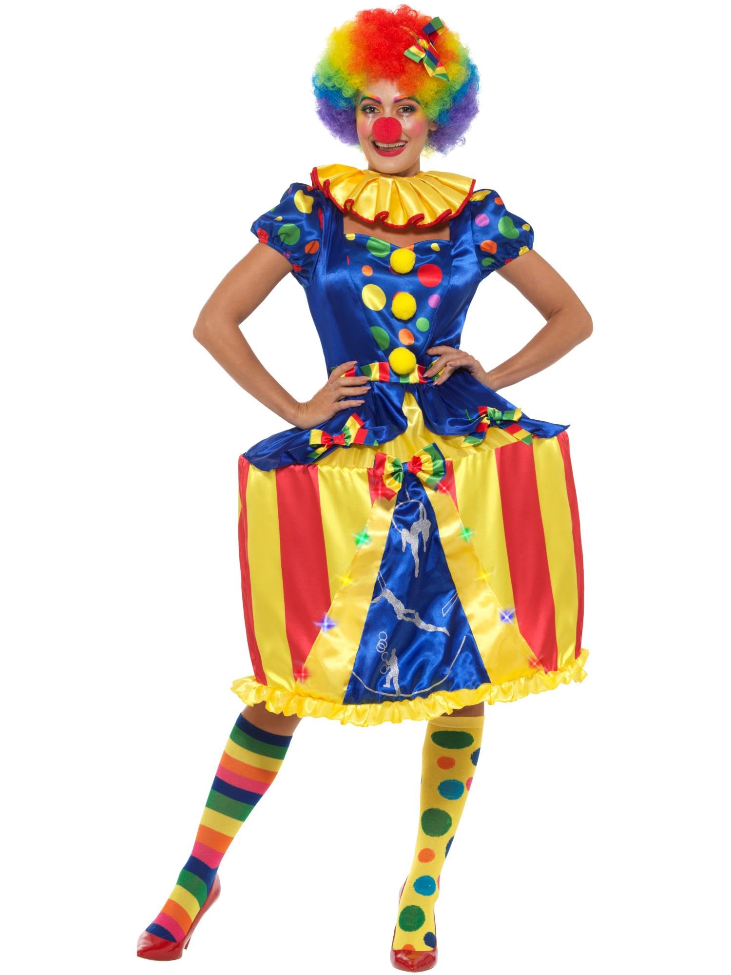 Smiffys Deluxe Light Up Carousel Clown Costume, Multi-Colo with LED Hooped Dress, Headband & Neck Ruffle, Circus Fancy Dress, Clown Dress Up Costumes