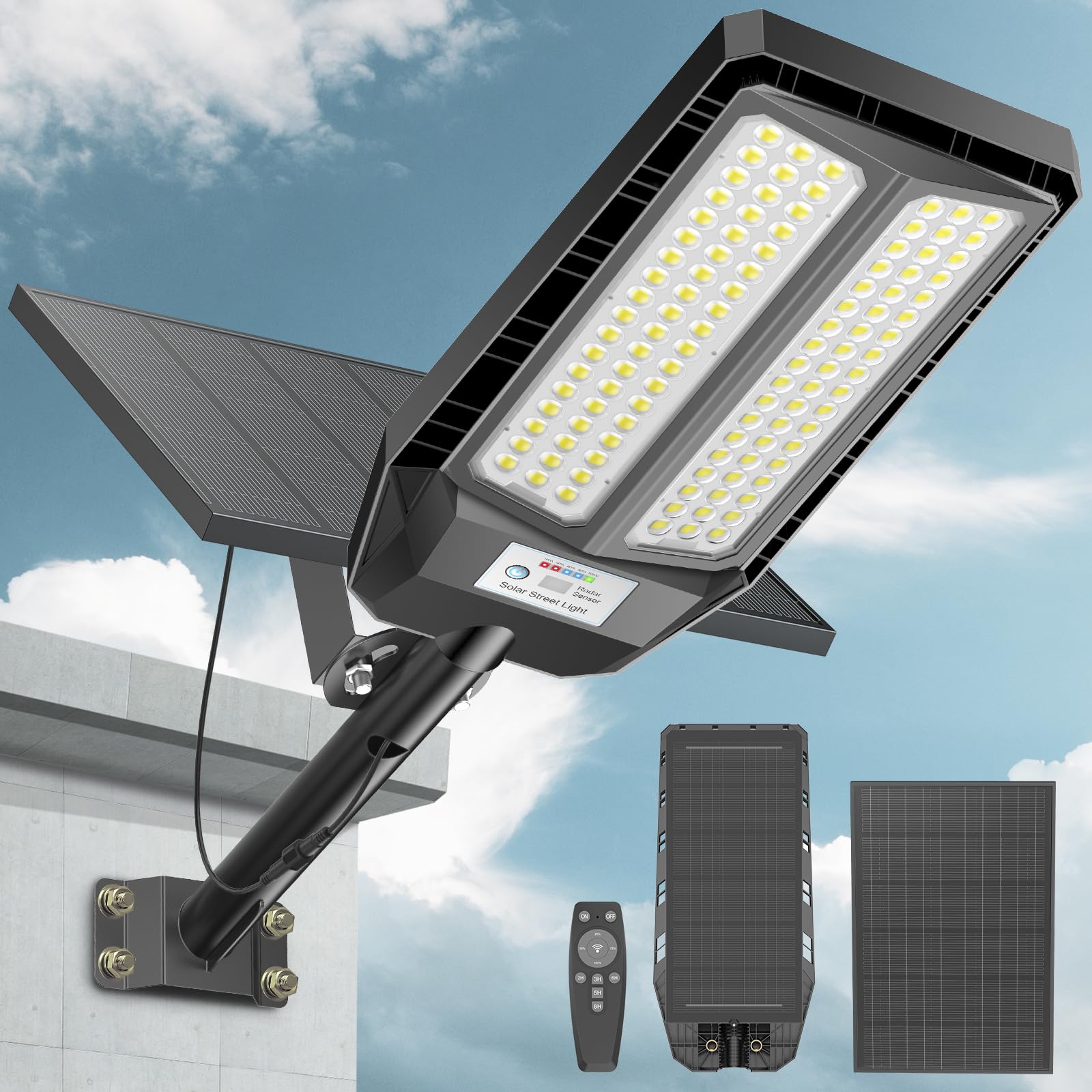 Photo 1 of VOOJOY 9000W Solar Street Lights Outdoor, 7000K Solar Light Outdoor LED Street Light Dusk to Dawn, LED Wide Angle Lamp with Motion Sensor and Remote Control, for Parking Lot, Yard