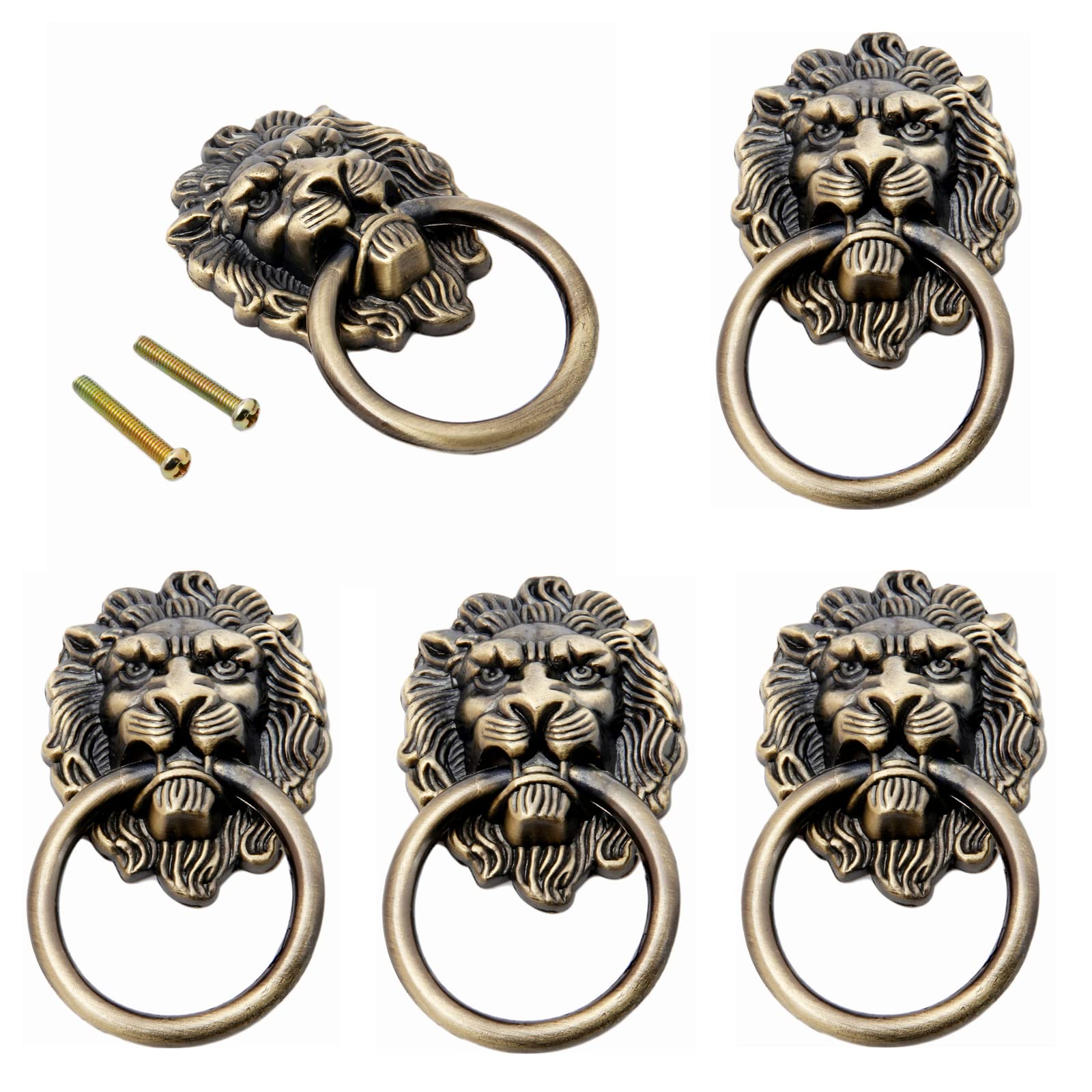 5Pcs Antique Style Furniture Handle Classical Zinc Alloy Pull Bronze Lion Head Rings for Cabinet Drawer Door Large Antique Bronze — image 1