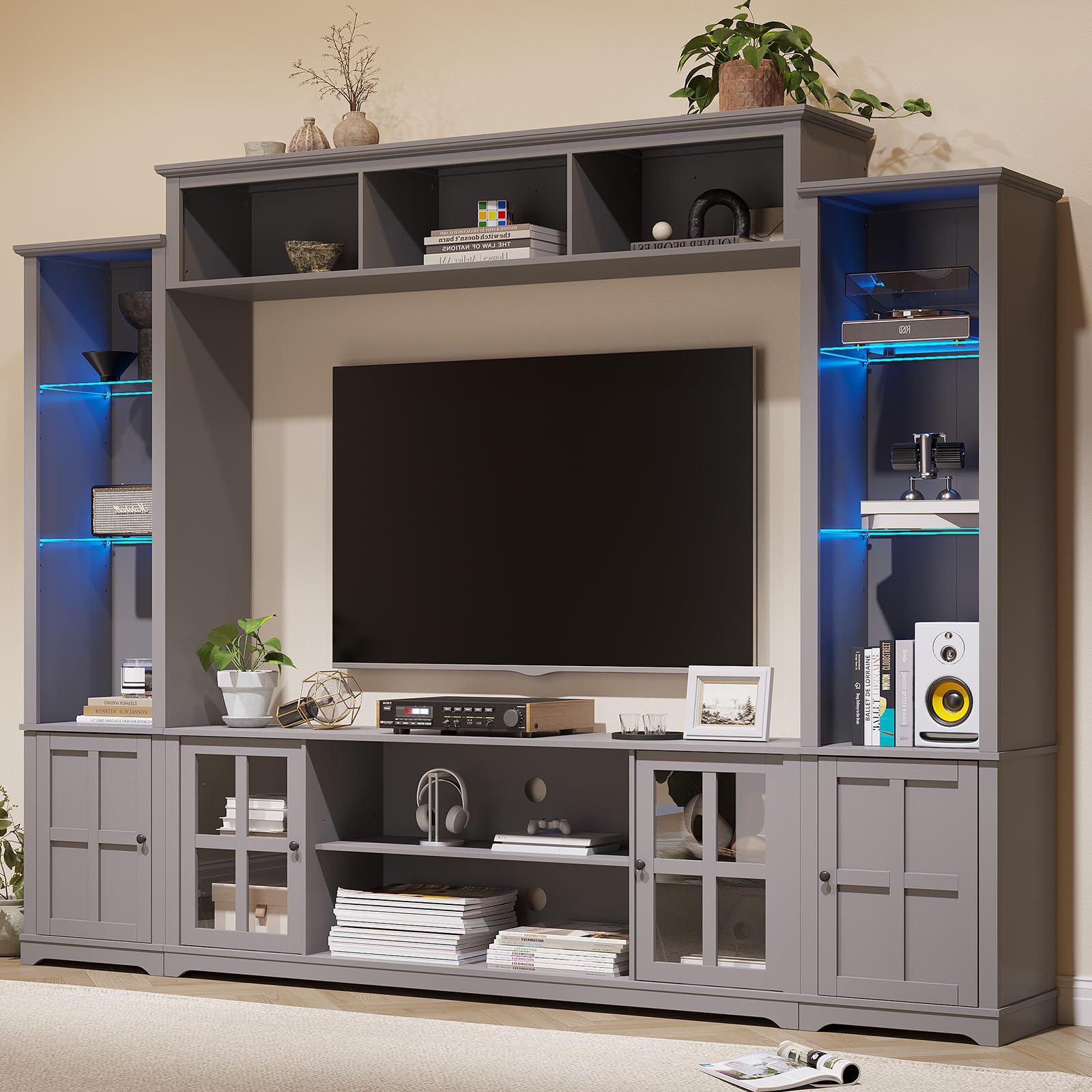 MEISSALIVVE Wall Unit TV Stand with Storage & LED Lights, Large Entertainment Center with Bookshelves for TVs up to 70", Media Console for Living Room, Gray