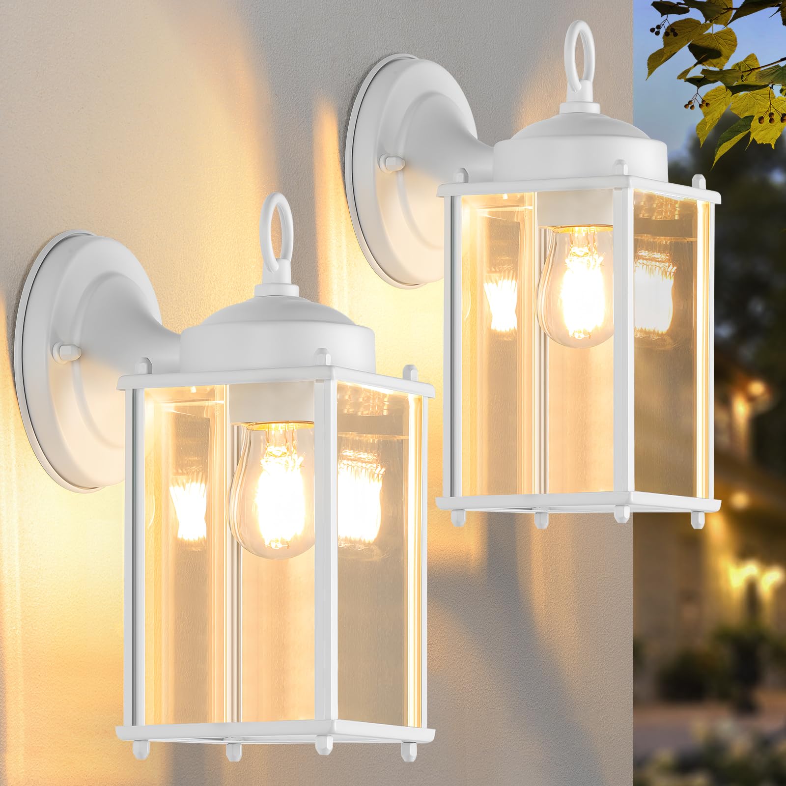 MATAMEYE Large Outdoor Wall Lantern, Exterior Waterproof Wall Sconce Light Fixtures, White Front Door Lighting with Clear Beveled Glass, Anti-Rust E26 Socket Porch Lamp, 2 Pack Image