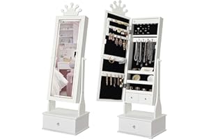 TackView Kids Jewelry Armoire with Full-Length LED Mirror,Freestanding Princess Vanity Cabinet, 3 Drawers, Adjustable Light C