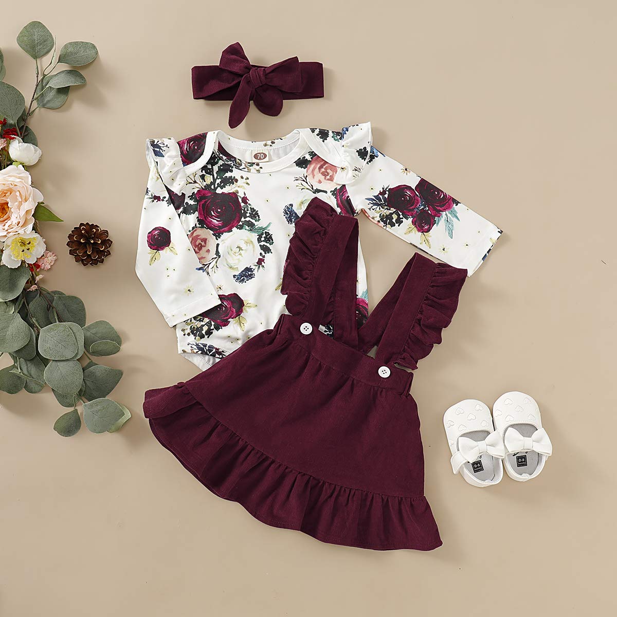 Kucnuzki Newborn Baby Girl Clothes Toddler Long Sleeve Ruffle Romper Top Infant Skirt Set Little Girl Overall Dress