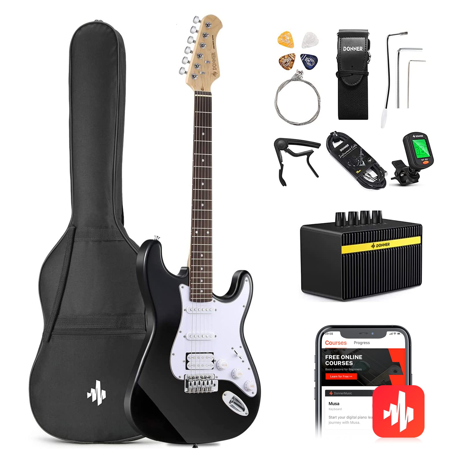 Donner 39 Inch Electric Guitar Beginner Kit Black Full-Size Starter Package HSS Pick Up with All Accessories Amp Online Lesson Bag Tuner Capo Strap String Amp Cable Picks DST-100B