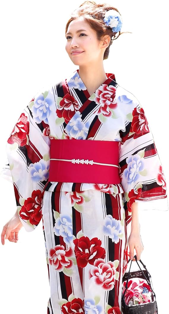 Amazon 浴衣 女 セット 白地に縦縞と赤 青の椿 平帯タイプ なでしこ ときめき恋浴衣3点セット 浴衣 通販