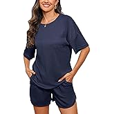 POWSEEN Womens Waffle Pajama Sets Summer 2 Piece Crewneck Short Sleeve Tops and Shorts Matching Lounge Set with Pockets