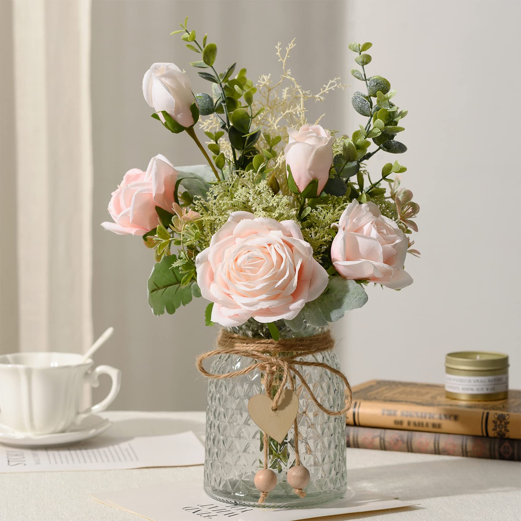YJ Fake Flowers with Vase, Artificial Silk Roses Flower Bouquet, Faux Flower Arrangements, Farmhouse Table Decor, Coffee Table Decor (Pink)