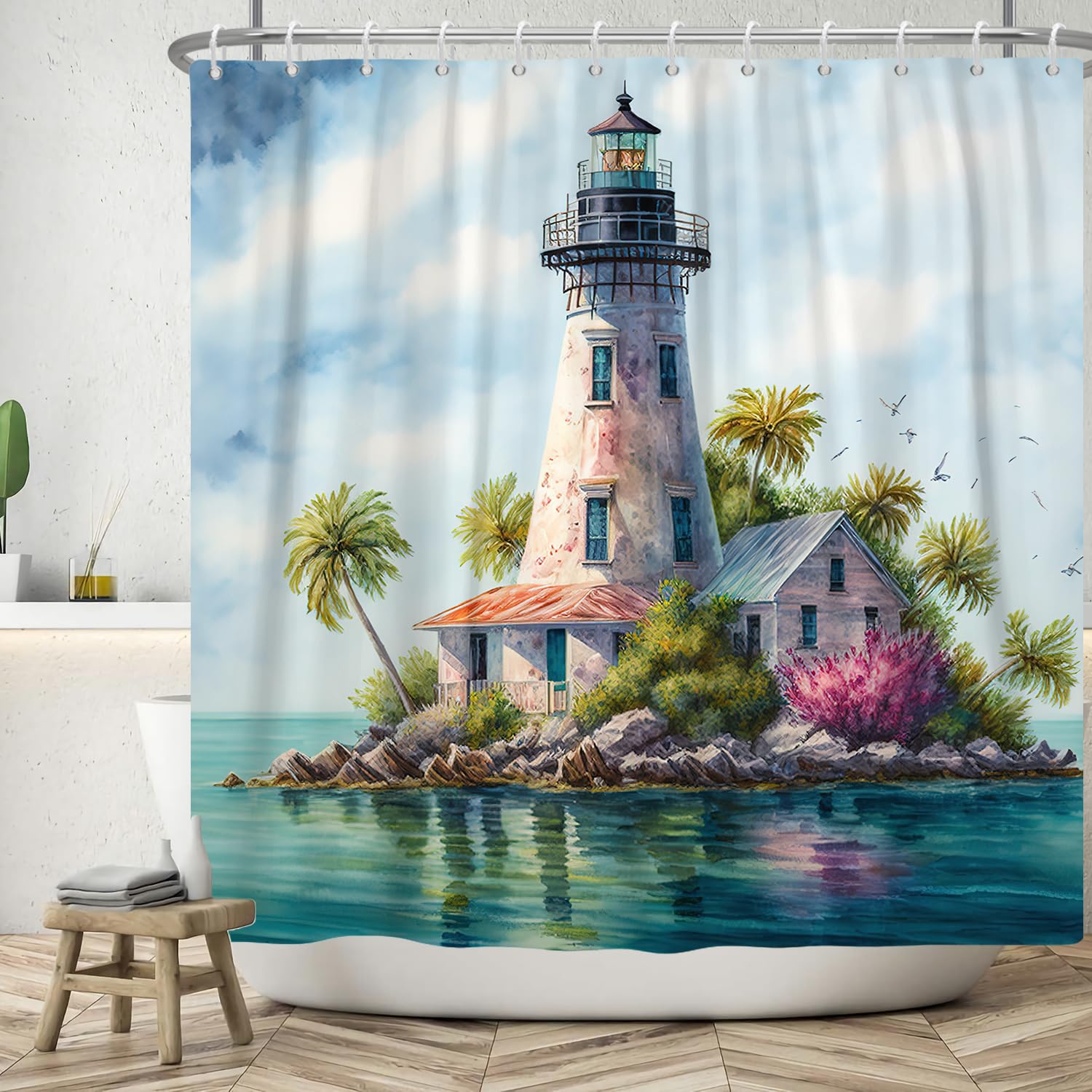ASDCXZ Shower Curtain 180x180 cm, Modern Art Watercolor Blue Ocean Small Island Lighthouse Palm Trees Bird Washable Shower Curtains Polyester Textile Waterproof Bath Curtain for Bathtub with 12 Hooks