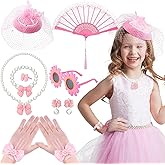 Jenaai 8 Pcs Girls Tea Party Supplies Tea Party Gloves Hats Necklace Fan for Girls Halloween Costume