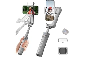 EvoSelfie 27" Foldable Gimbal Stabilizer Portable Built-in Extension Rod & Tripod, X2 Axis Gimbal Selfie Stick with Light for Video Recording Vlogging YouTube TikTok iPhone Android Smartphone (White)