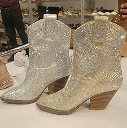 FOREVER Women Rhinestone Block Chunky Heel Ankle