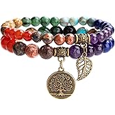 Bivei Natural Semi Precious Gemstone beads bracelet for women - Life Tree and Leaf Charm Energy Reiki Crystal Stretch Bracelets