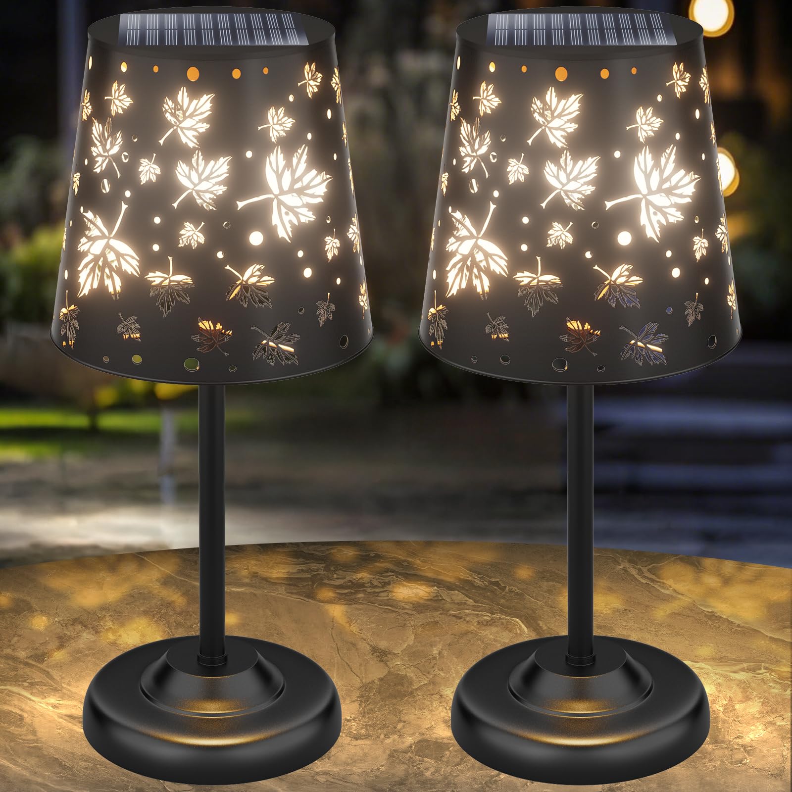 Photo 1 of UBright Solar Table Lamp Outdoor Cordless Lamp with Maple Leaf Hollow Design Metal Solar Lanterns Waterproof Outdoor Lights Decor for Patio Yard Garden Porch Indoor Tabletop 2Pack