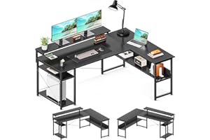 ODK Corner Computer Desk, 61" Reversible L Shaped Desk with Storage Shelves & Monitor Stand, Home Office Desk, Gaming Desk, Writing Desk, Black