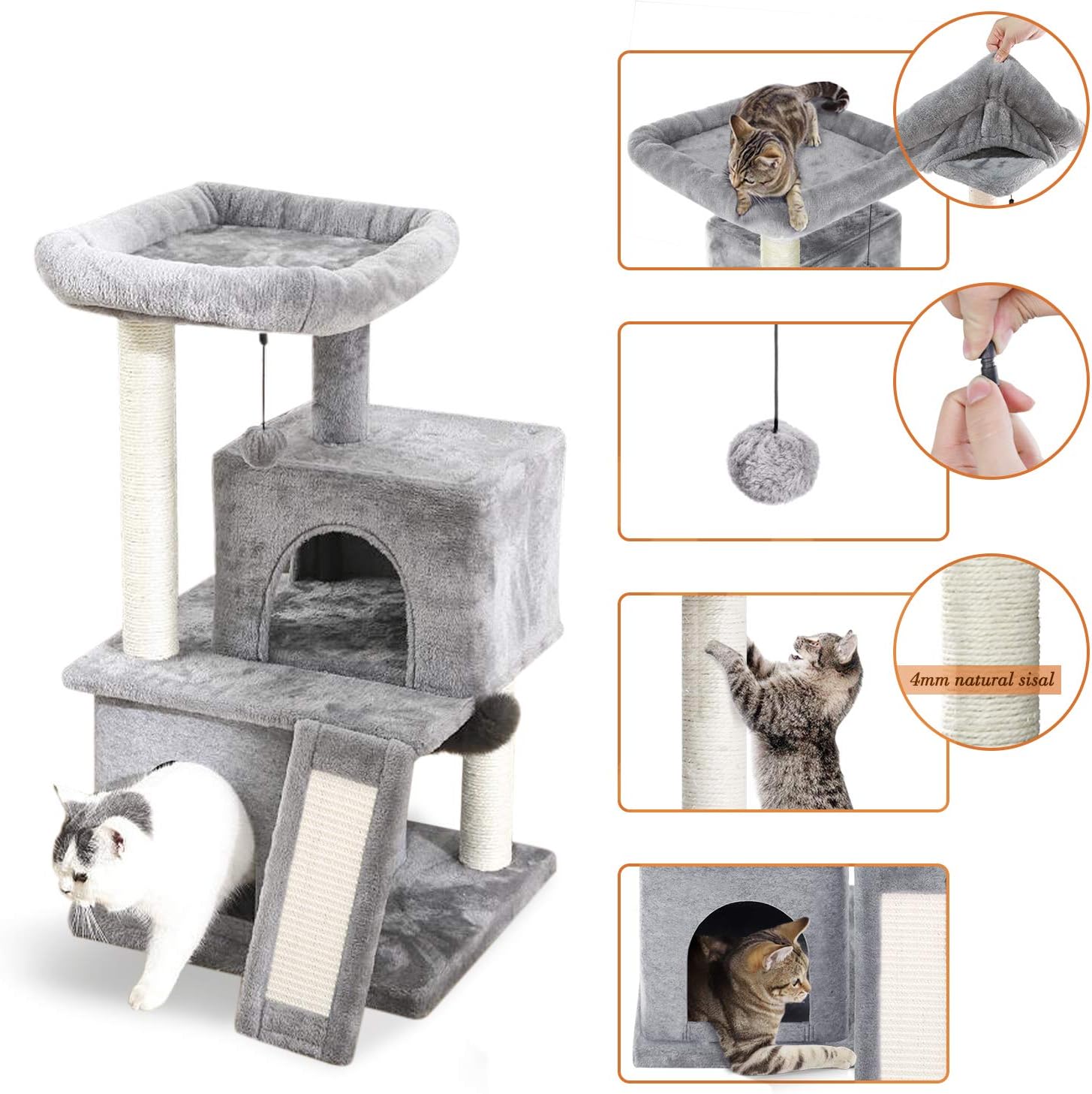 PAWZ Road Cat Tree Luxury Cat Tower with Double Condos, Spacious Perch, Fully Wrapped Scratching Sisal Posts and Replaceable Dangling Balls- Wooden Grey : Pet Supplies