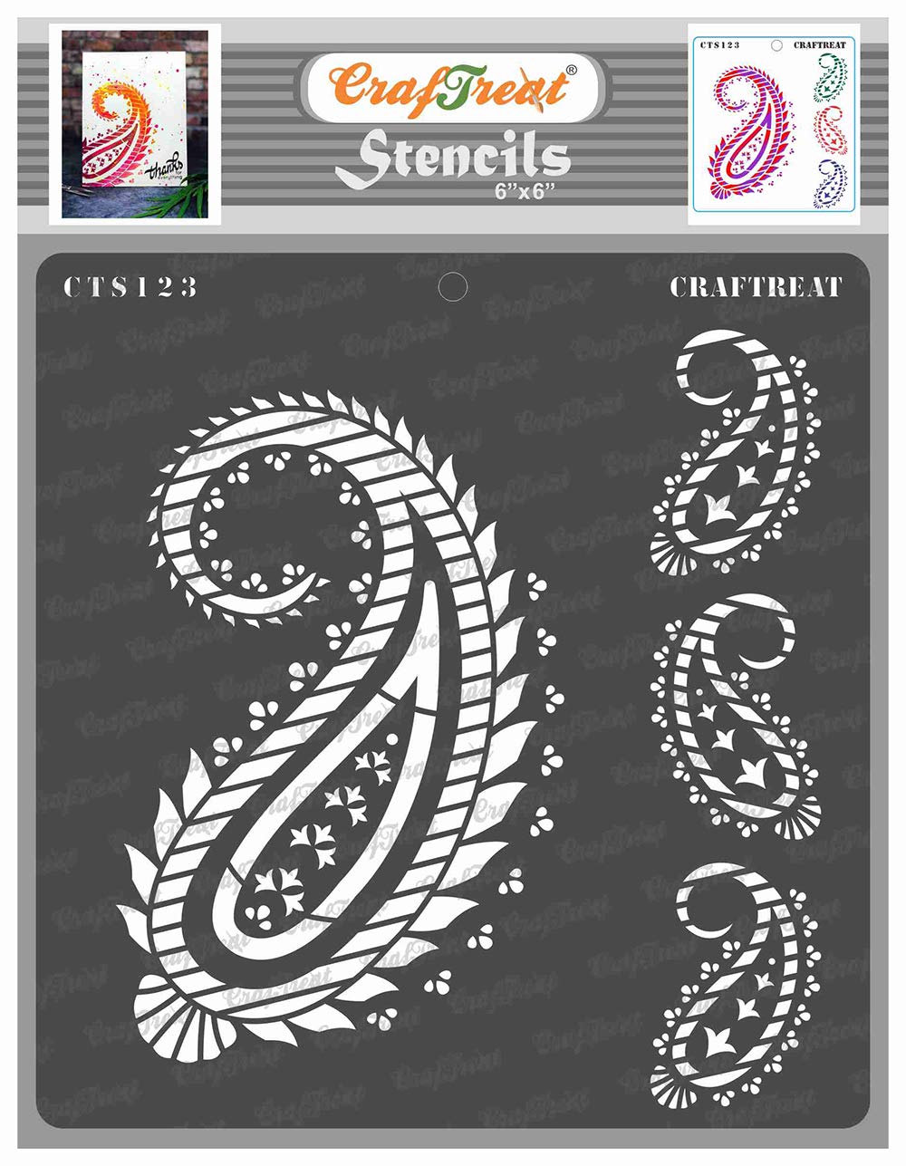 CrafTreat Paisley Stencils for Crafts Reusable Vintage - Paisley and Border Stencil - Size: 6X6 Inches - Paisley Design Stencil for Furniture Painting - Indian Border Stencil for Painting