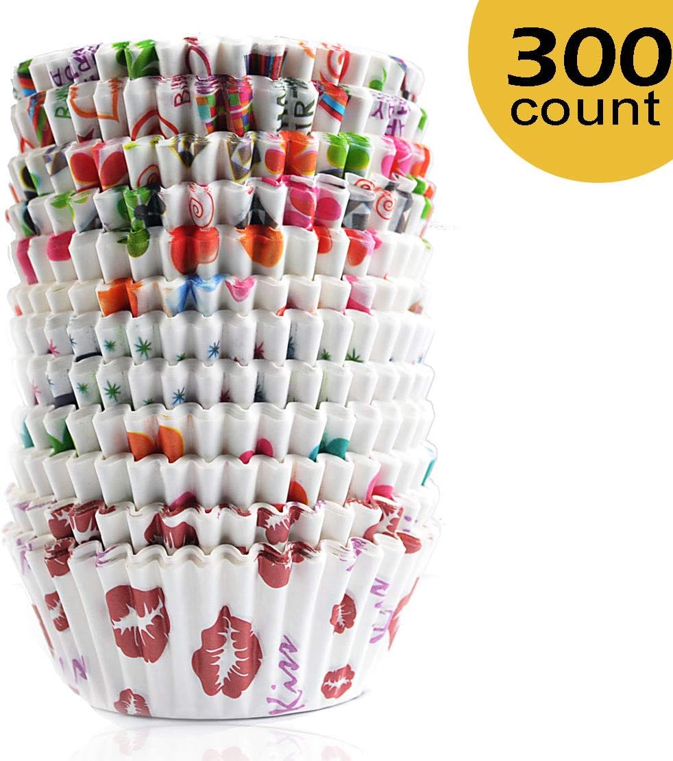 300 Pcs Paper Cupcake Holder Liners Wrappers Baking Cups Standard Disposable Baking Supplies (300-Count 6 Style Interesting Pattern)