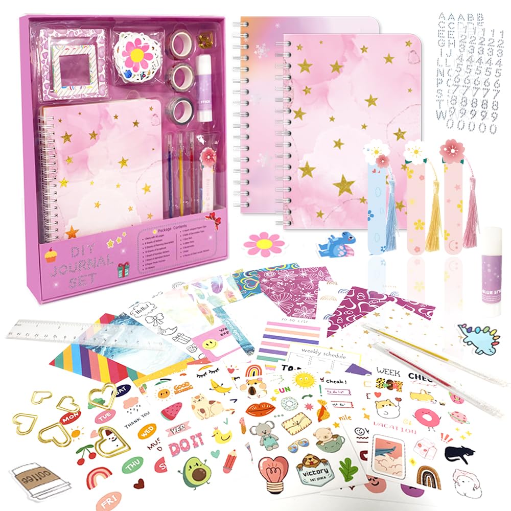 DIY Journal Kit for Girls - Funny Gifts for 8 9 10 11 12 13 14 Year Old Girl, 104pcs DIY Journal Set Scrapbook & Diary Supplies Kit, Journaling Art Crafts Kit for Tween & Teen Girls (Pink/104pcs)