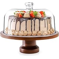 Cake Stand with Dome, Footed Detachable Acacia Wood Cake Plate and Acrylic Lid, Cake Display Server Tray for Birthday Kitchen